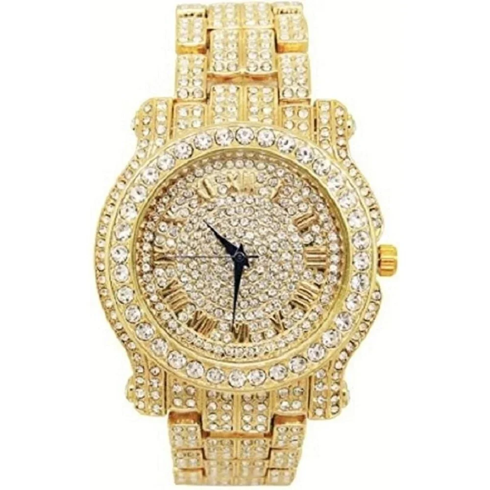 Men's Gold Round Luxury Silver Watch With Bling-ed Out Bracelet L0504b